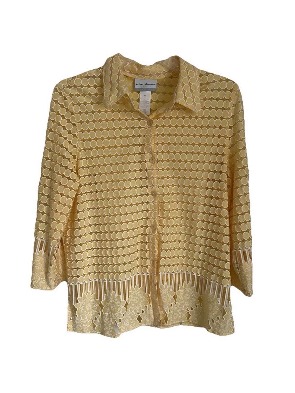 Alfred Dunner Womens Semi Sheer Yellow Cutout Polka Dot Top Sz PM Cottagecore